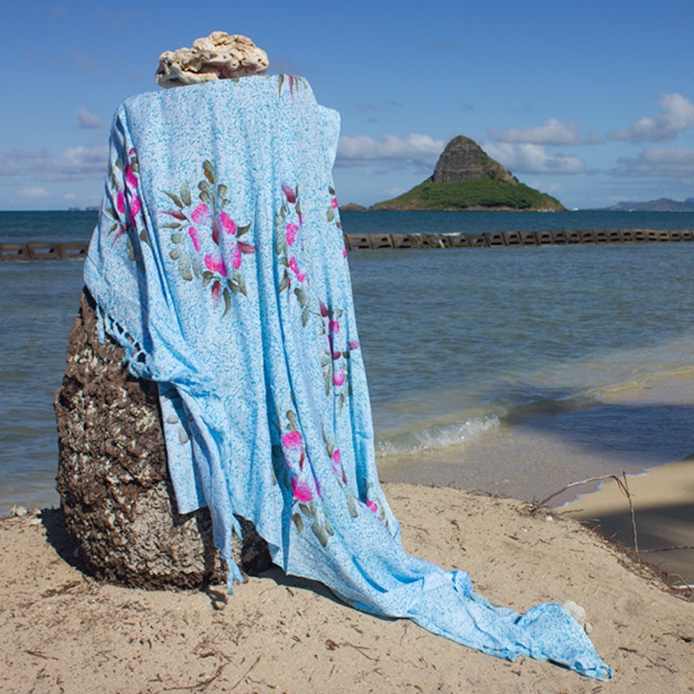 ✔Blue Hand Painted Hibiscus Sarong